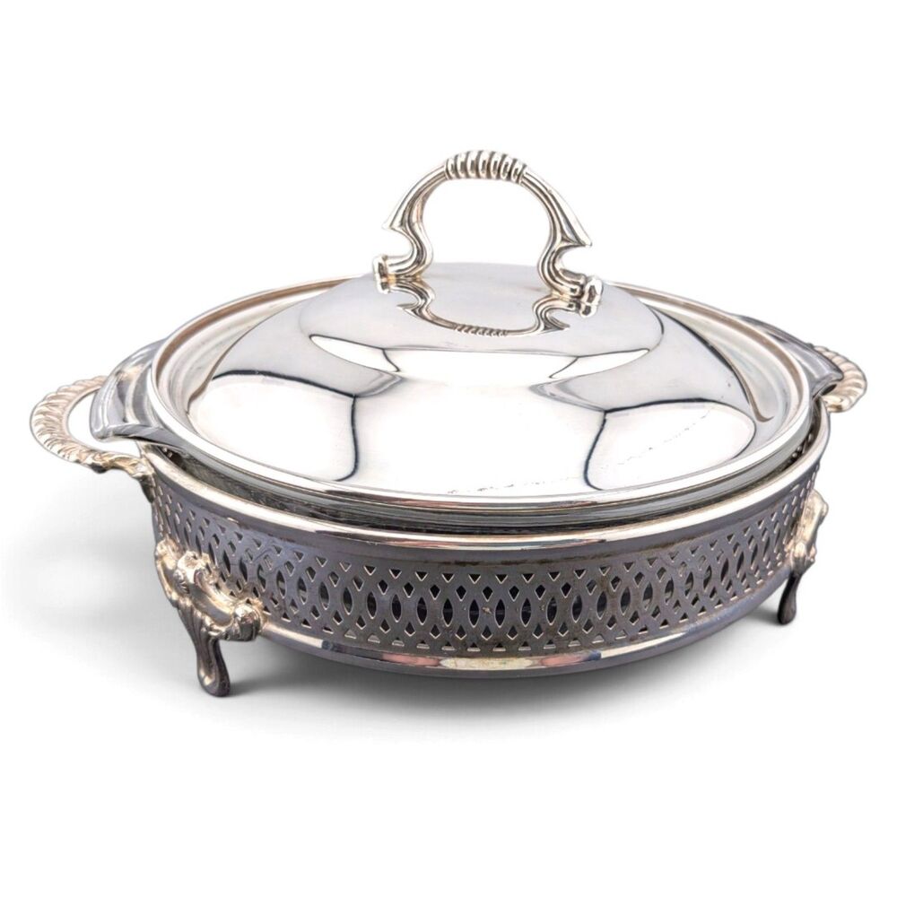 Vintage Silver-plate Casserole Server 1.5 Qt USA Glass Insert Domed Lid